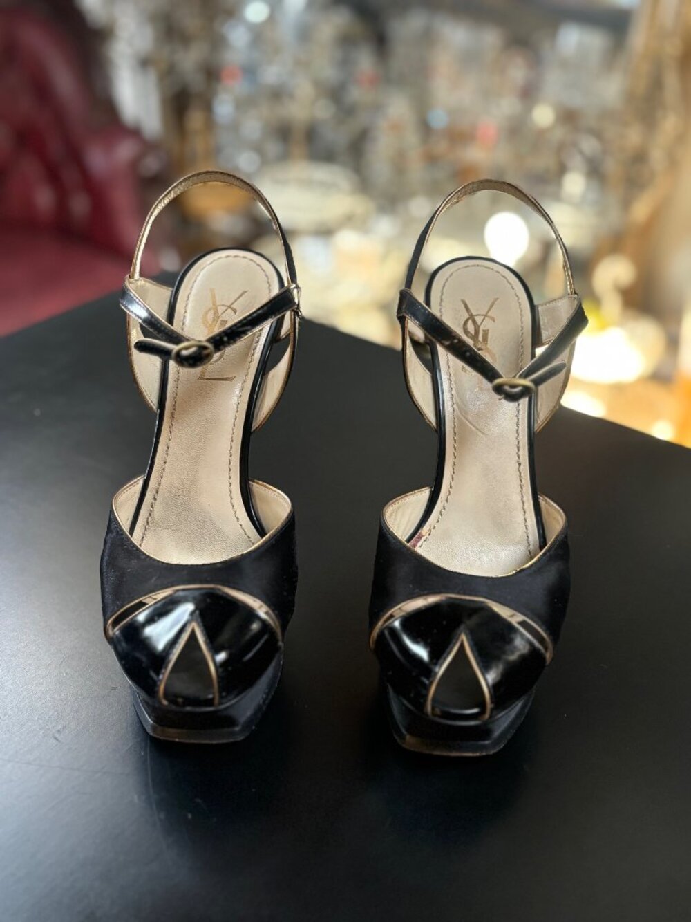 Vintage Yves Saint Laurent patent leather and satin peep-toe heels 39